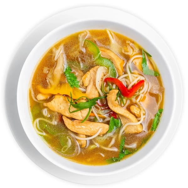 A bowl of Indian chicken noodle soup with vegetables, red chili, and herbs.